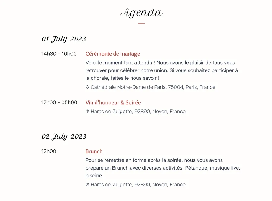 Exemple d'agenda de mariage - crédit: Un Grand Jour