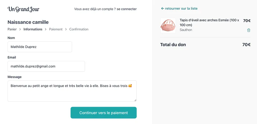 Message de félicitations pour don dans une cagnotte de naissance Un Grand Jour