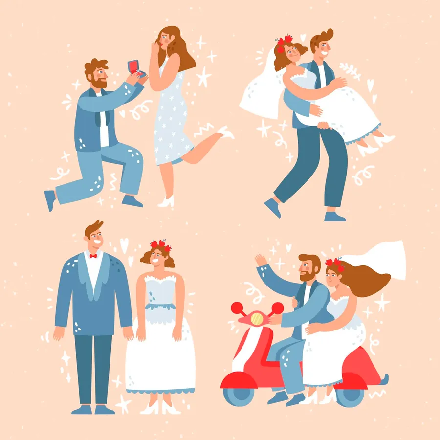 illustration d'un couple de mariés heureux qui se marient et qui partent en scooter