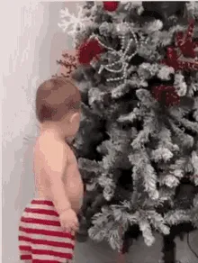 bébé à coté d'un sapin de noël